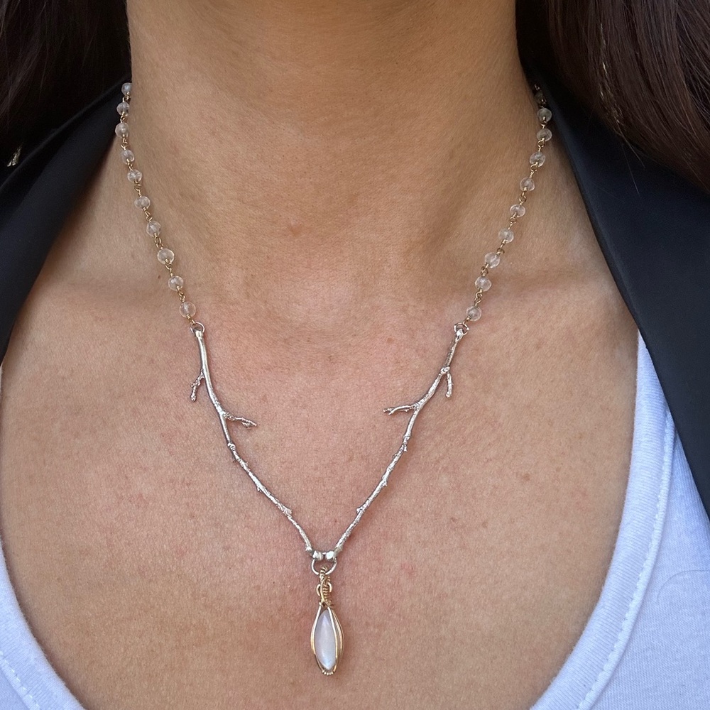 Sterling Silver & 14k Gold Fill Nature Branch Cast and Moonstone Necklace